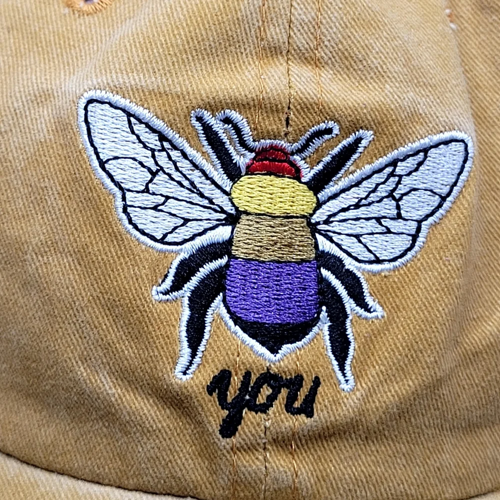 Bee Embroidered Cotton Baseball Cap Mustard Yellow Adjustable Hat